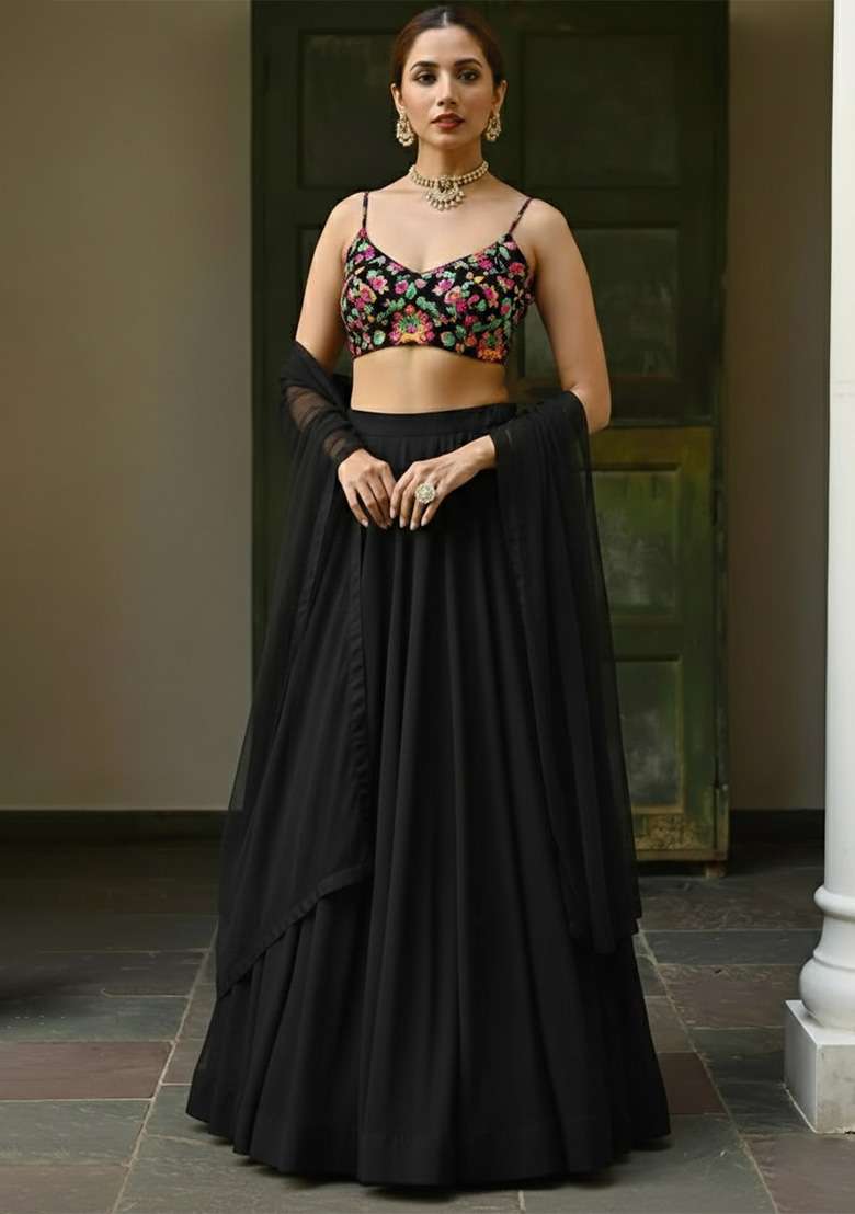 Black Crepe Lehenga Set with Floral Print for Diwali | Wedding & Festive Wear - Indya