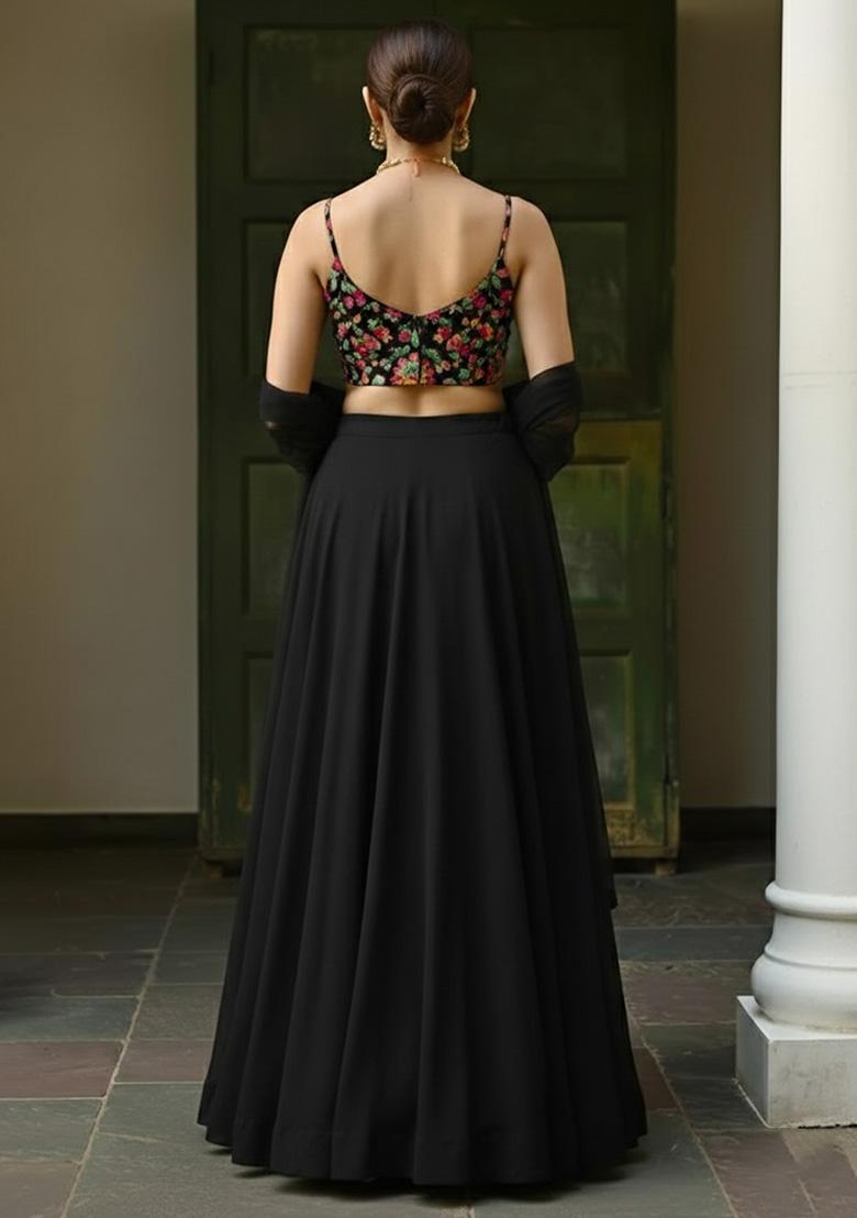 Black Floral Print Crepe Lehenga Set - Indya