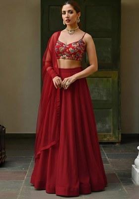 Red Embroidered Crepe Lehenga Set