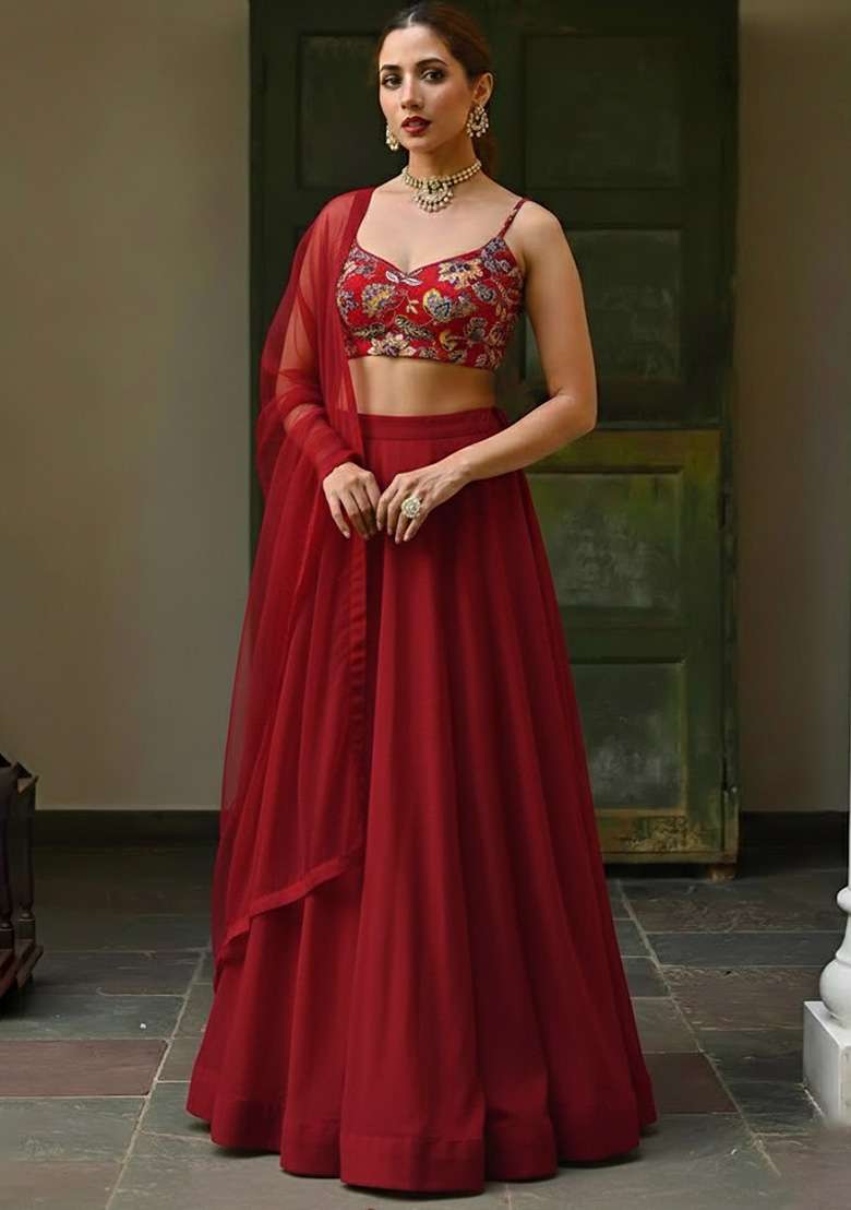 Red Embroidered Crepe Lehenga Set for Diwali and Festive Wear - Indya