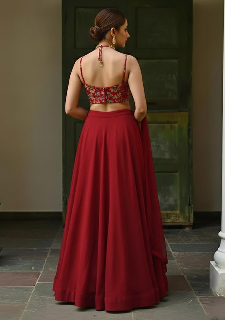 Red Embroidered Crepe Lehenga Set - Indya