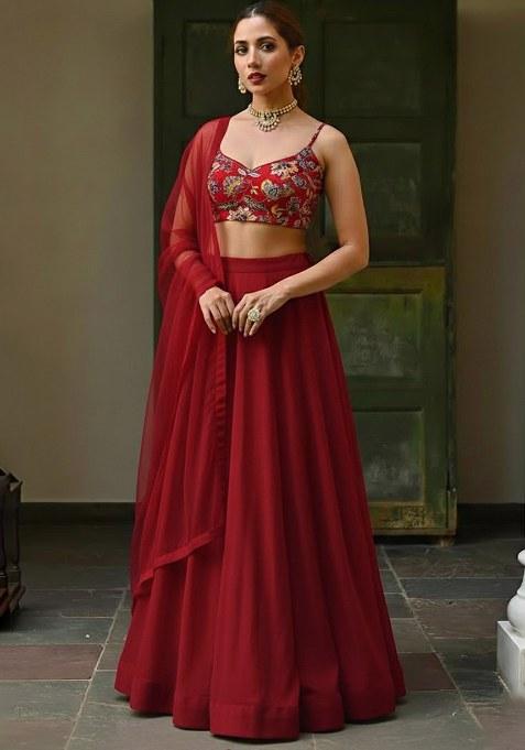 Red Embroidered Crepe Lehenga Set