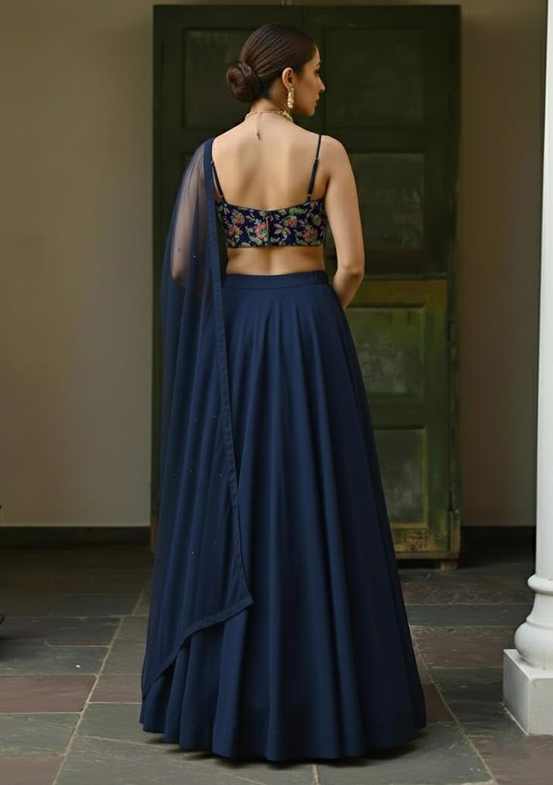 Navy Blue Embroidered Crepe Lehenga Set - Indya