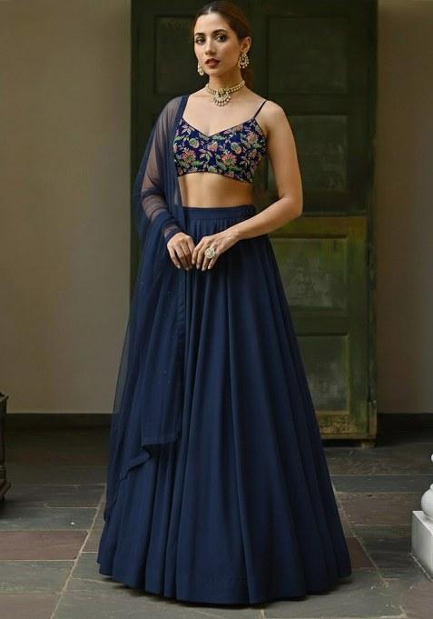 Navy Blue Embroidered Crepe Lehenga Set
