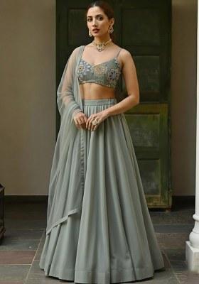 Sage Grey Embroidered Crepe Lehenga Set