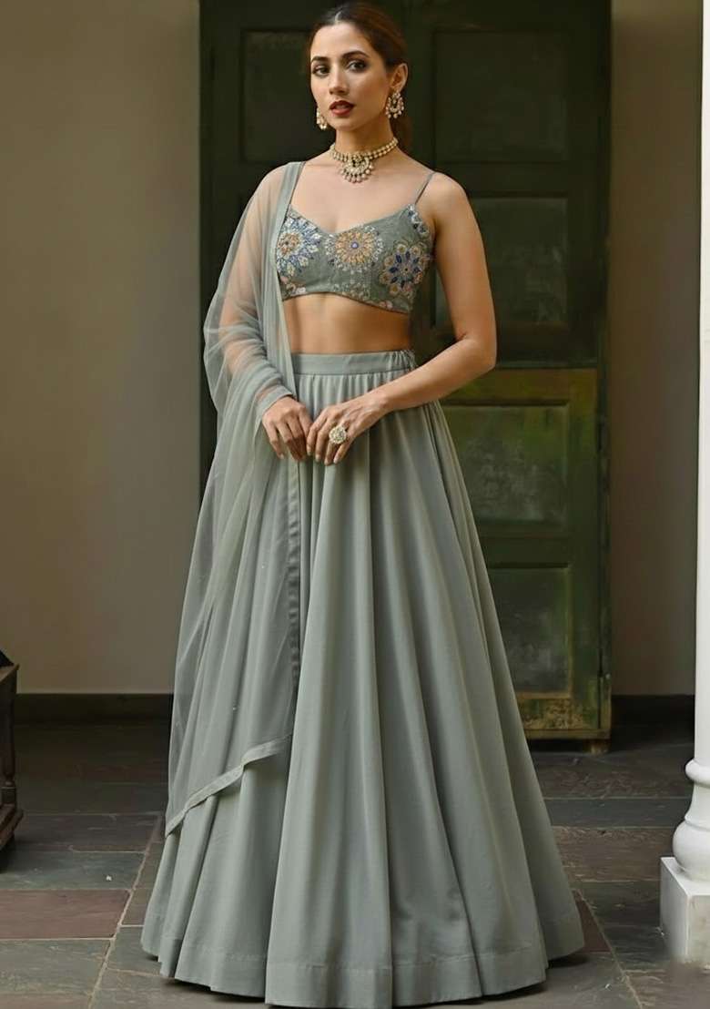Sage Grey Crepe Lehenga Set with Embroidered for Diwali | Wedding & Festive Wear - Indya