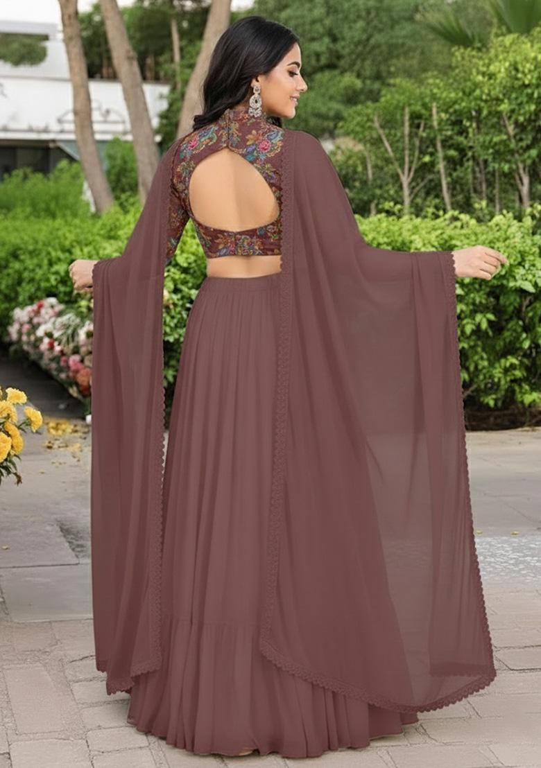Brown Embroidered Crepe Lehenga Set - Indya
