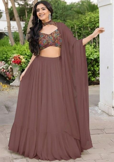 Brown Embroidered Crepe Lehenga Set