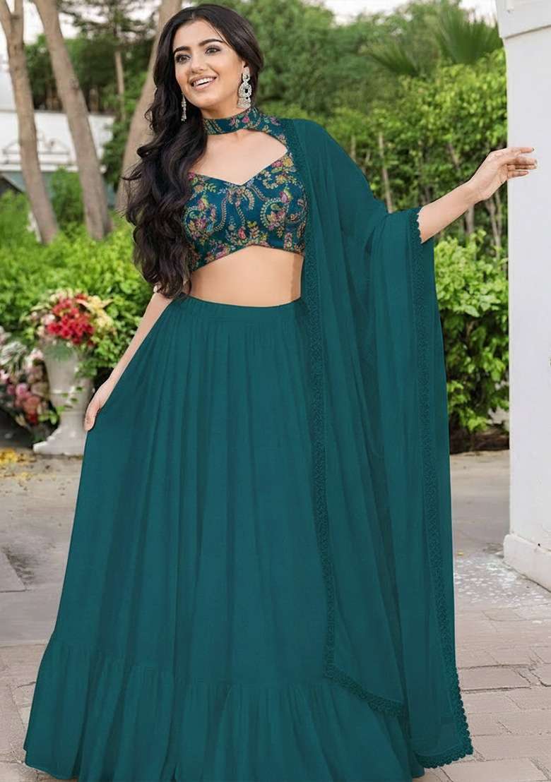 Teal Green Embroidered Crepe Lehenga Set for Diwali and Festive Wear - Indya