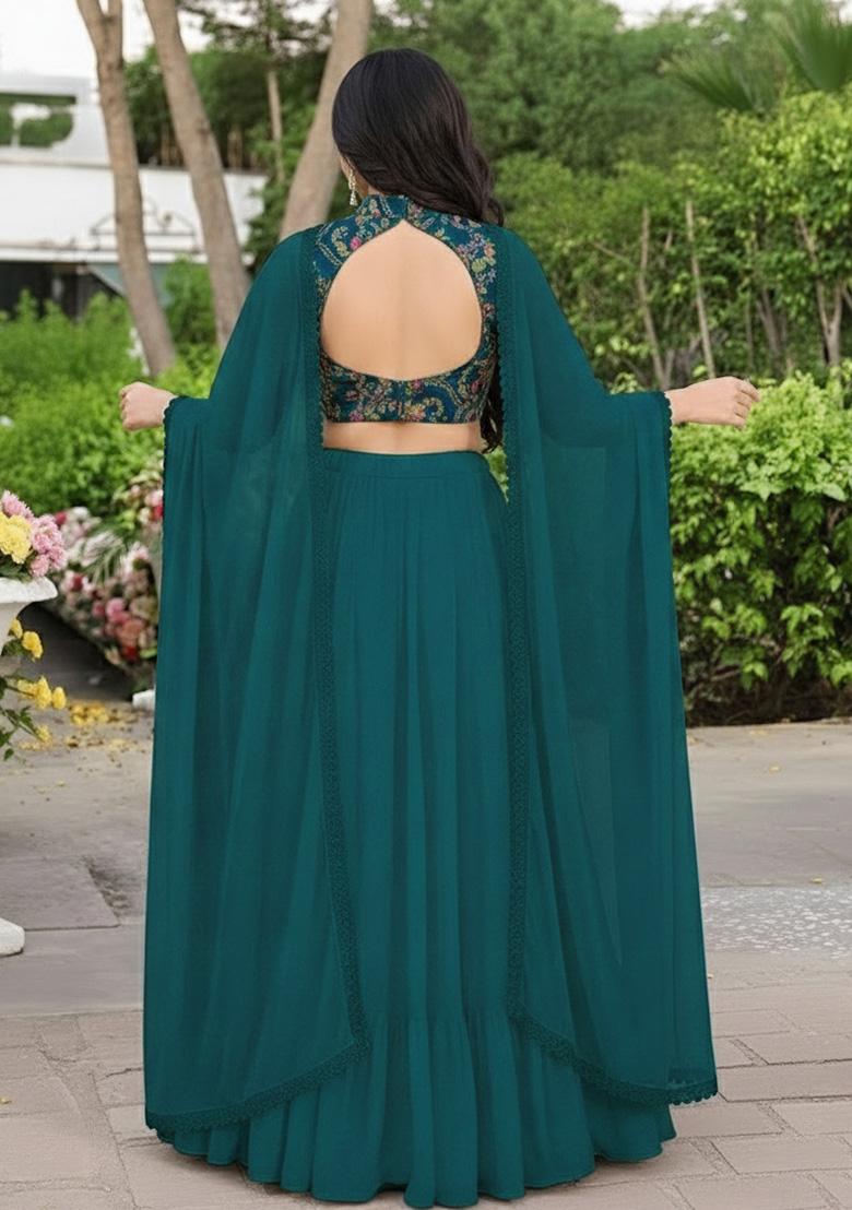 Teal Green Embroidered Crepe Lehenga Set - Indya