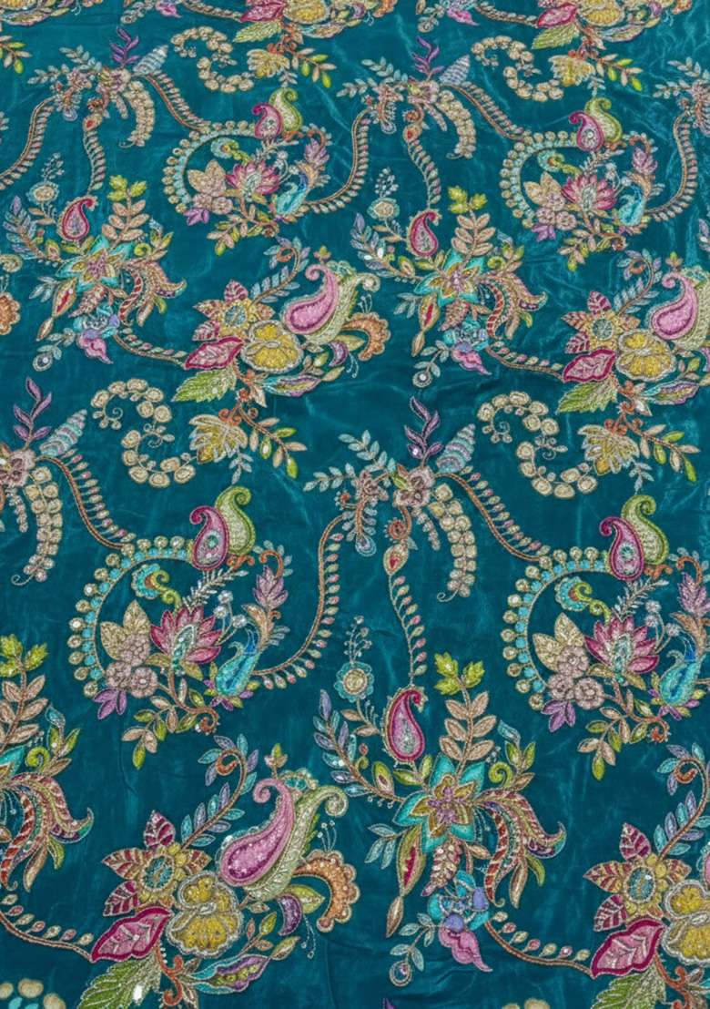 Teal Green Embroidered Crepe Lehenga Set for Diwali and Festive Wear - Indya