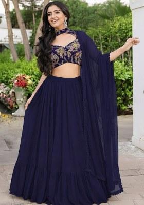 Navy Blue Embroidered Crepe Lehenga Set