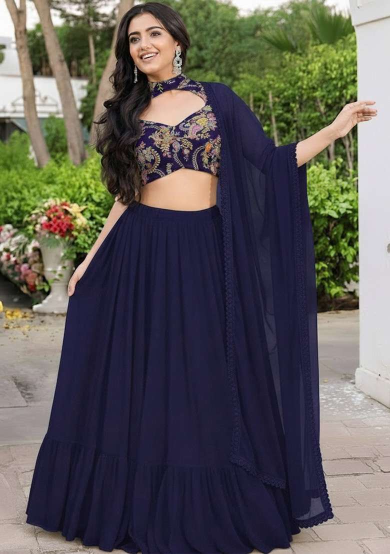 Navy Blue Embroidered Crepe Lehenga Set for Diwali and Festive Wear - Indya