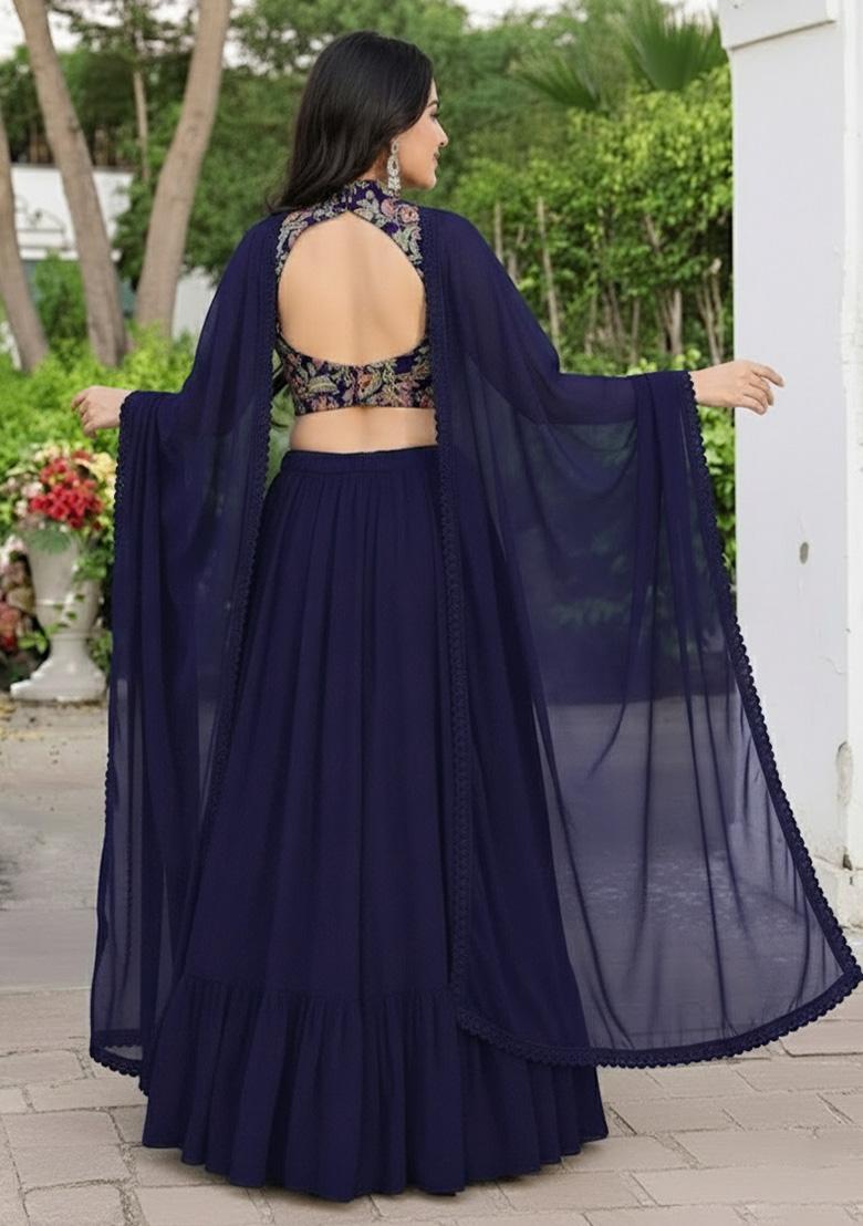 Navy Blue Embroidered Crepe Lehenga Set - Indya