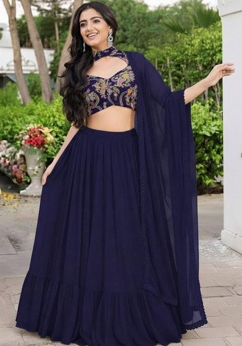Navy Blue Embroidered Crepe Lehenga Set — view on Indya