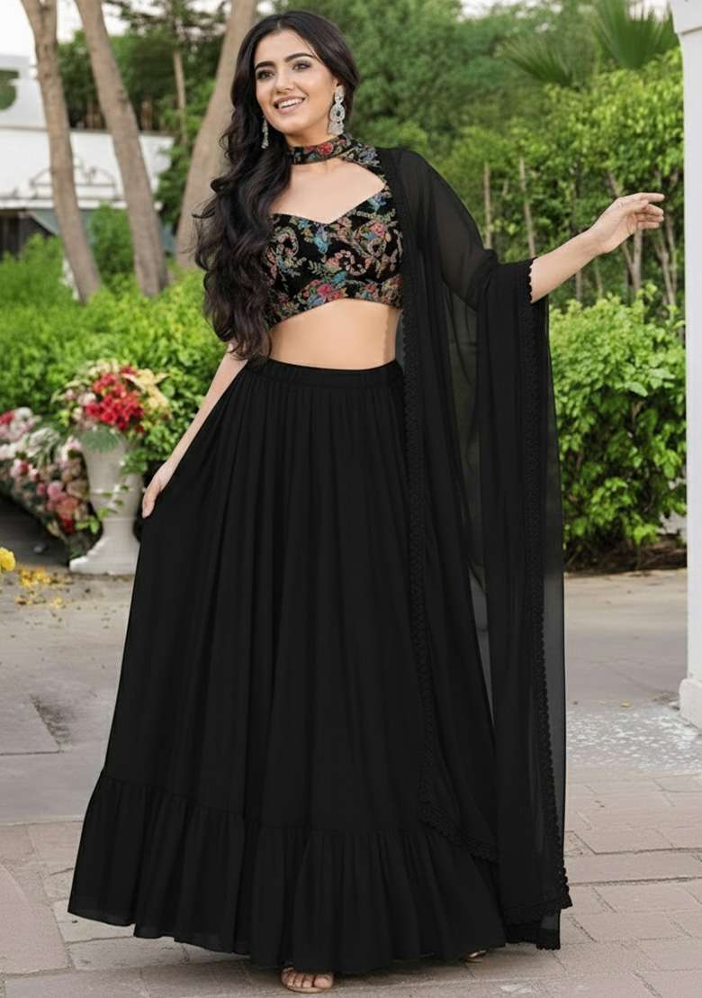 Black Crepe Lehenga Set with Embroidered for Diwali | Wedding & Festive Wear - Indya