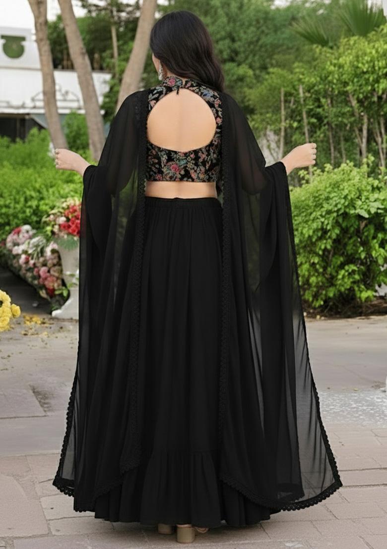 Black Embroidered Crepe Lehenga Set - Indya