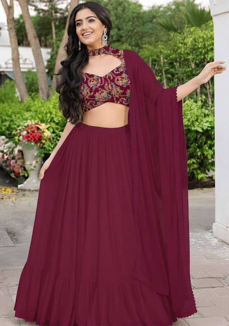 Deep Magenta Embroidered Crepe Lehenga Set for Diwali and Festive Wear - Indya