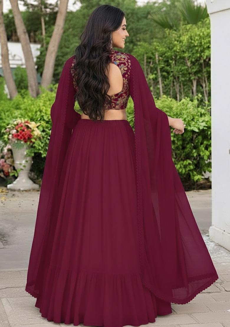 Deep Magenta Embroidered Crepe Lehenga Set - Indya
