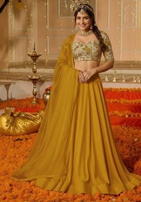 Mustard Yellow Embroidered Crepe Lehenga Set