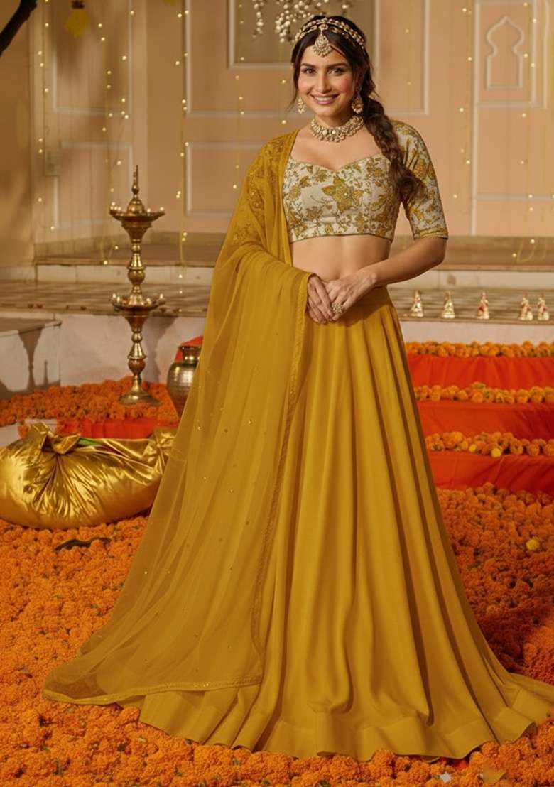Mustard Yellow Embroidered Crepe Lehenga Set - Indya
