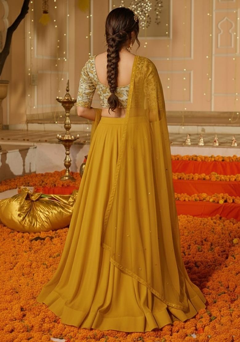 Mustard Yellow Embroidered Crepe Lehenga Set - Indya