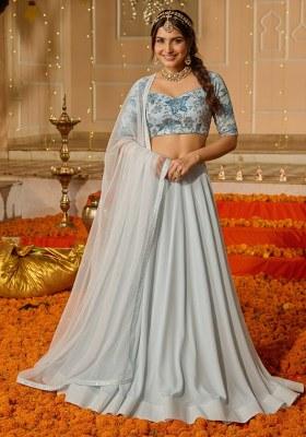 Ice Blue Embroidered Crepe Lehenga Set