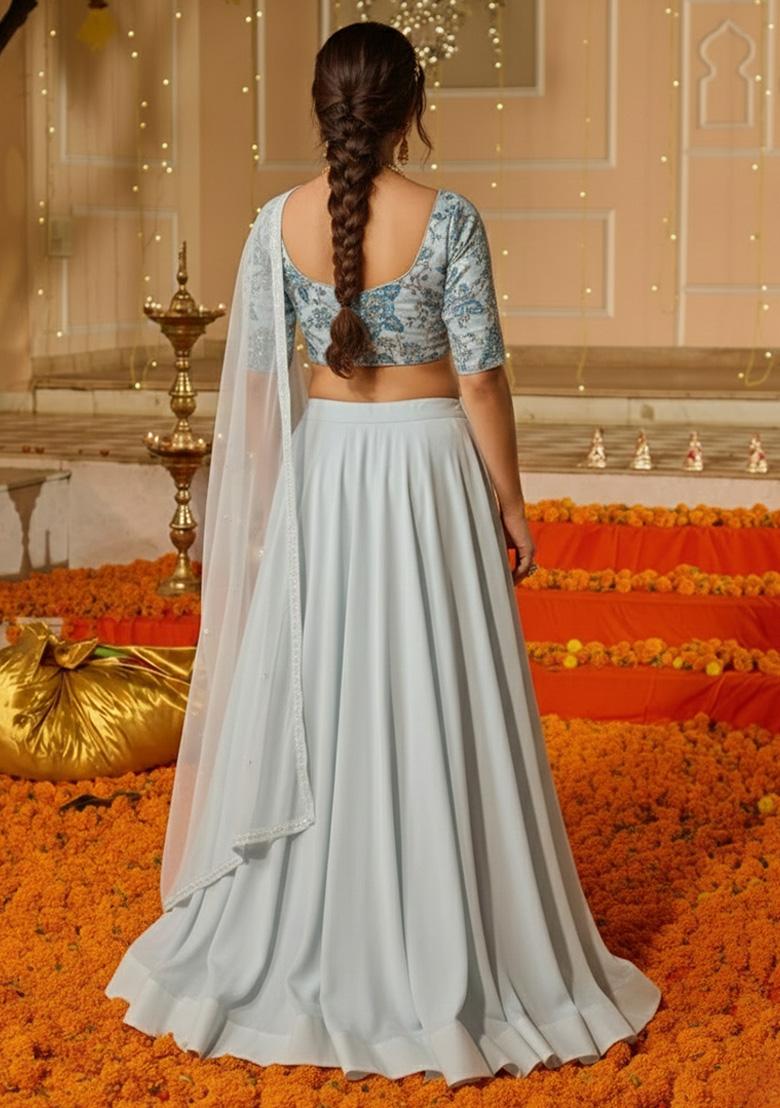 Ice Blue Embroidered Crepe Lehenga Set - Indya