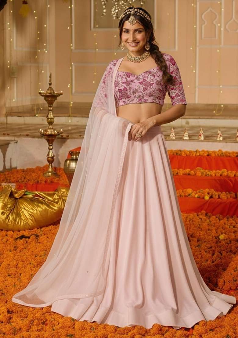 Soft Pink Crepe Lehenga Set with Embroidered for Diwali | Wedding & Festive Wear - Indya