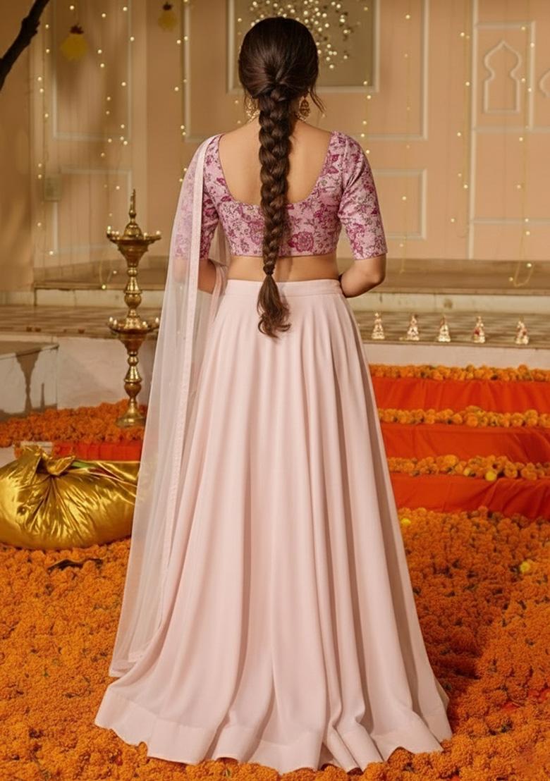 Soft Pink Embroidered Crepe Lehenga Set - Indya