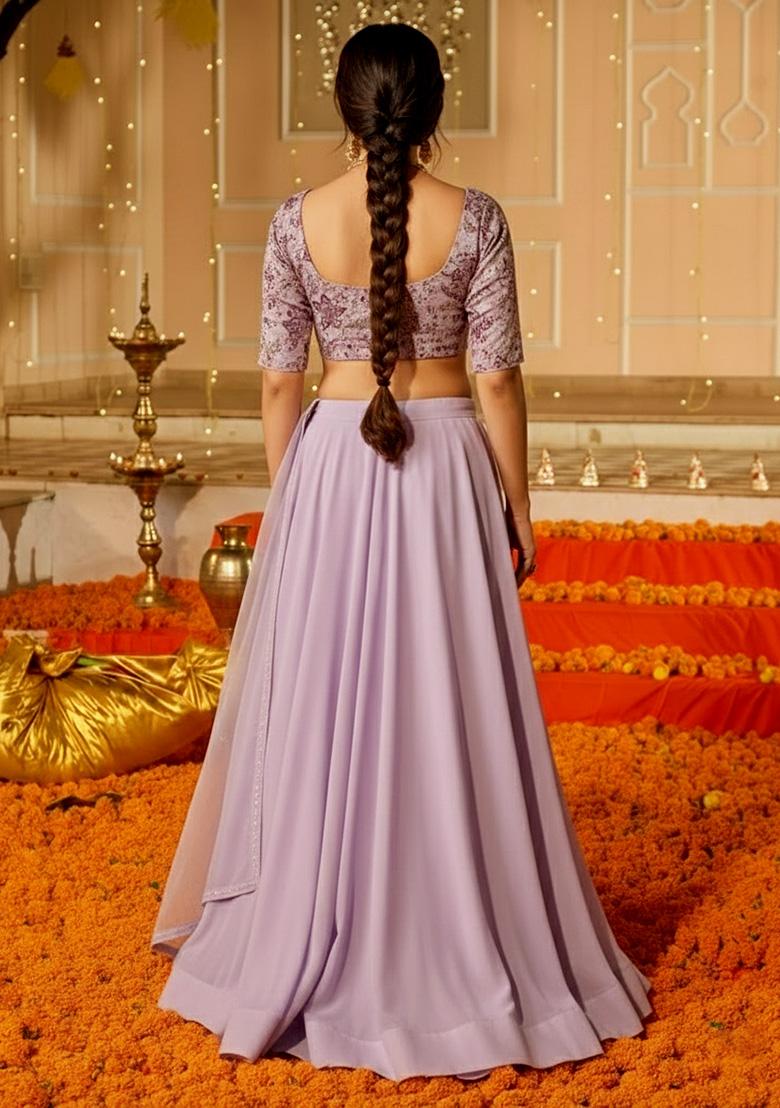 Lavender Embroidered Crepe Lehenga Set - Indya