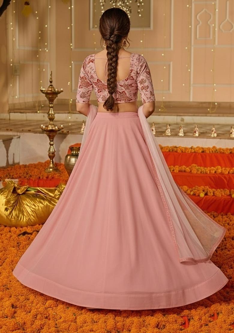 Rose Pink Embroidered Crepe Lehenga Set - Indya