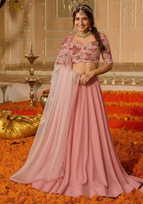 Rose Pink Embroidered Crepe Lehenga Set