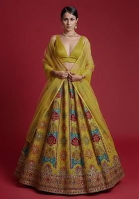 Mustard Yellow Embroidered Crepe Lehenga Set