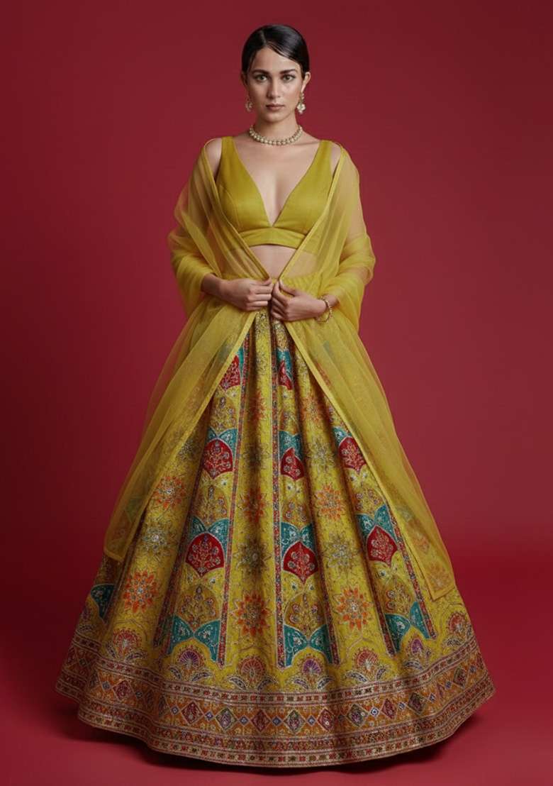 Mustard Yellow Embroidered Crepe Lehenga Set - Indya
