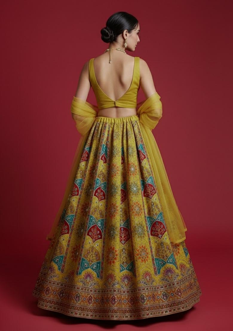 Mustard Yellow Embroidered Crepe Lehenga Set - Indya
