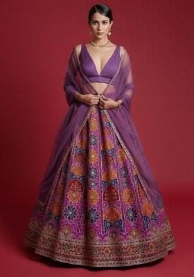Purple Embroidered Crepe Lehenga Set