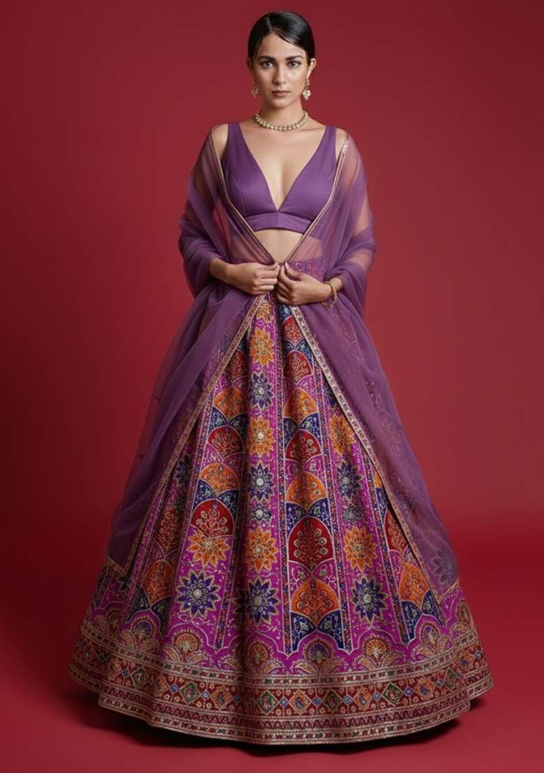 Purple Embroidered Crepe Lehenga Set - Indya