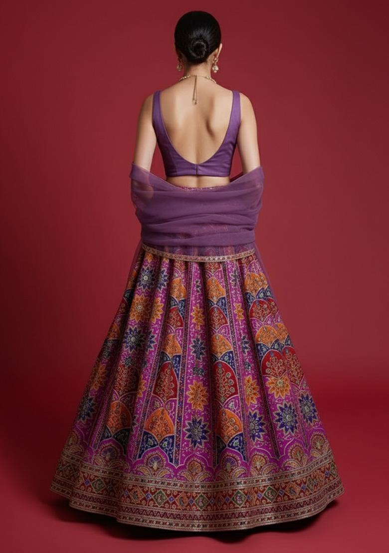 Purple Embroidered Crepe Lehenga Set - Indya