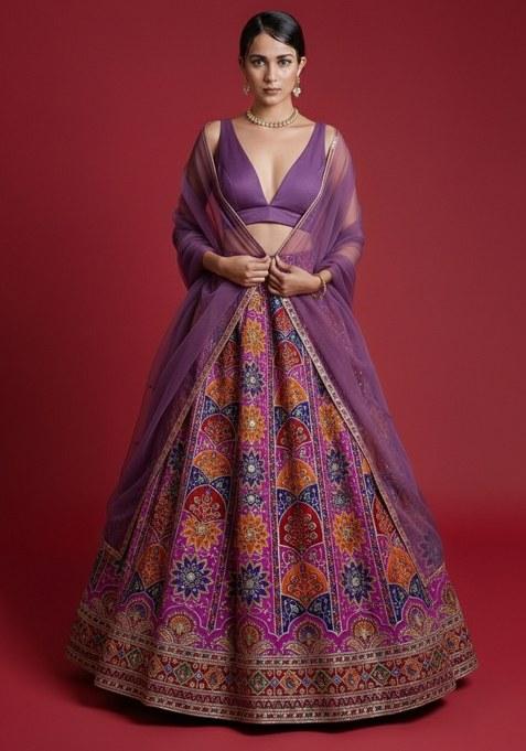 Purple Embroidered Crepe Lehenga Set