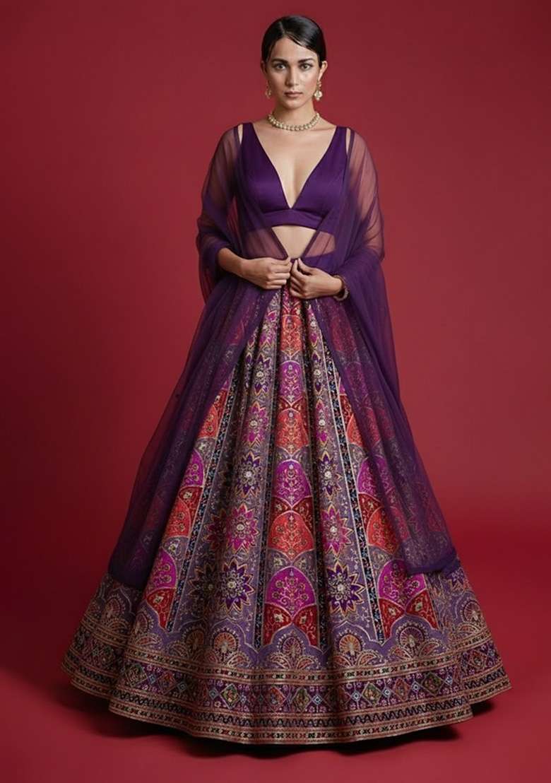 Deep Purple Embroidered Crepe Lehenga Set - Indya