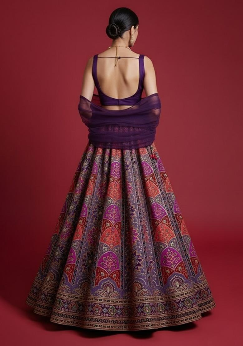 Deep Purple Embroidered Crepe Lehenga Set - Indya
