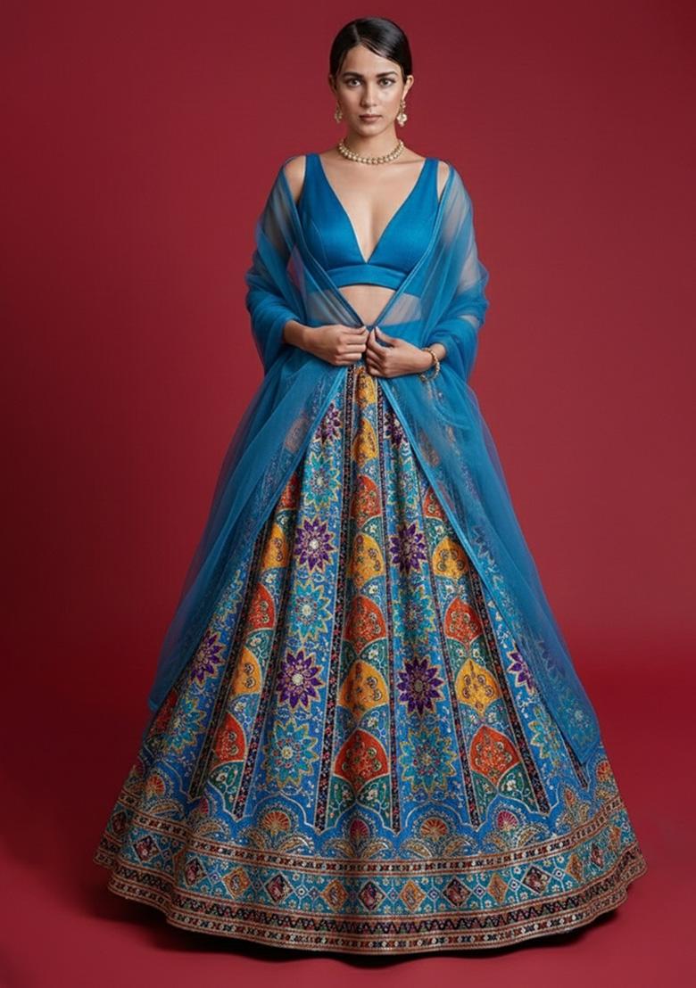 Blue Embroidered Crepe Lehenga Set - Indya