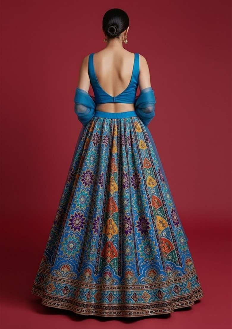 Blue Embroidered Crepe Lehenga Set - Indya