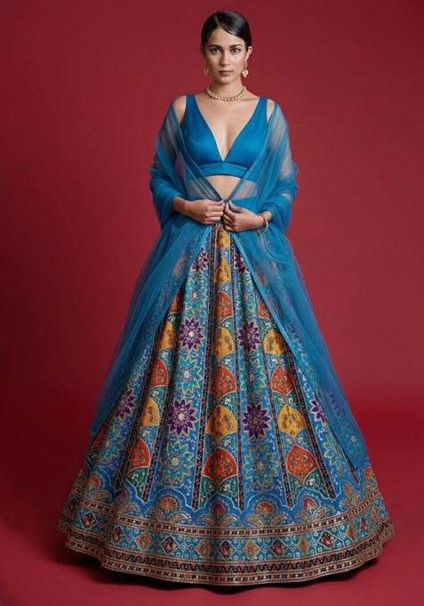 Blue Embroidered Crepe Lehenga Set