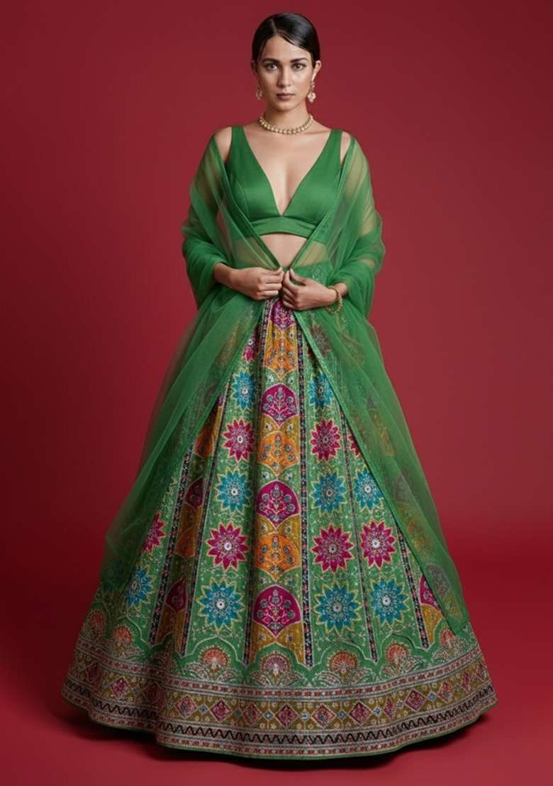 Green Embroidered Crepe Lehenga Set - Indya