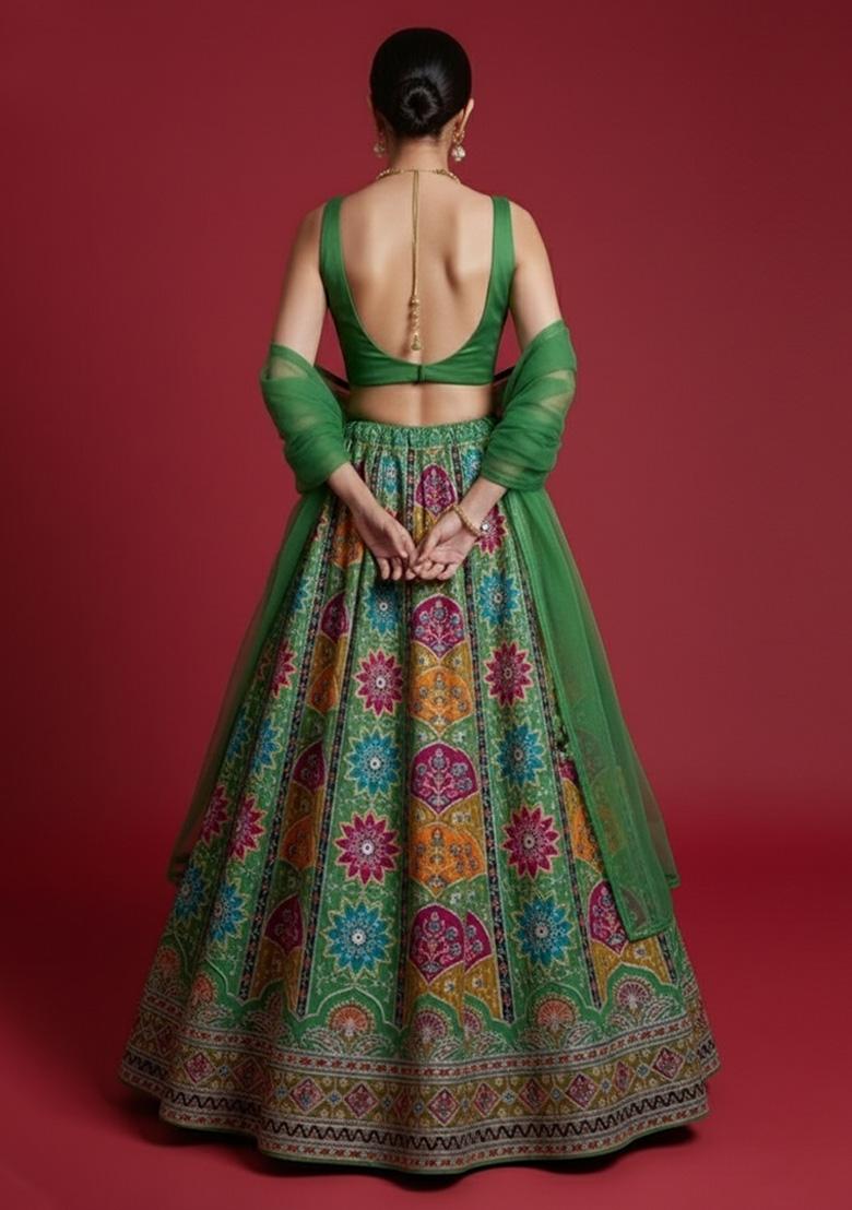 Green Embroidered Crepe Lehenga Set - Indya
