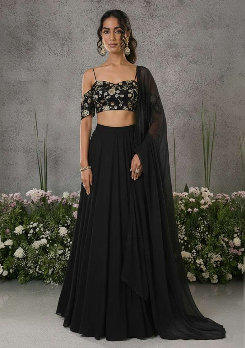 Black Silk Blend Lehenga Set with Embroidered for Diwali | Wedding & Festive Wear - Indya