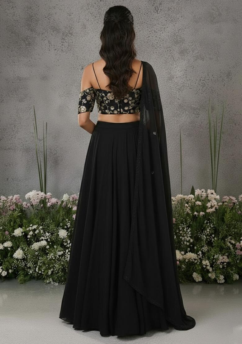 Black Embroidered Silk Lehenga Set - Indya