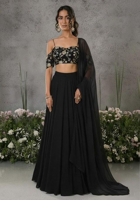 Black Embroidered Silk Lehenga Set
